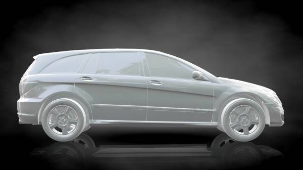 istock 3d rendering of a white reflective car on a dark black background 867287780