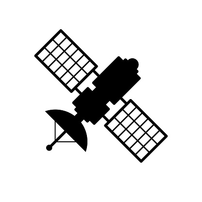 Satellite icon. Black, minimalist icon isolated on white background. Satellite simple silhouette. Web site page and mobile app design vector element.