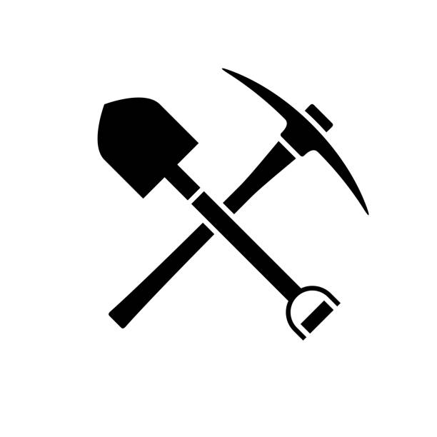 Shovel and pickaxe icon. Black icon isolated on white background. Shovel and pickaxe icon. Black icon isolated on white background. Shovel and pick axe silhouette. Simple icon. Web site page and mobile app design vector element. archaeology stock illustrations