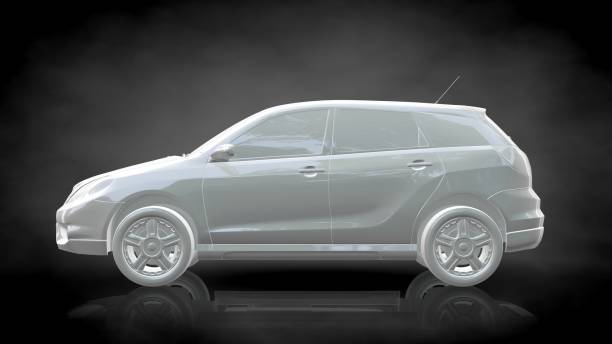 istock 3d rendering of a white reflective car on a dark black background 867290872