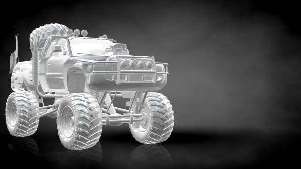 istock 3d rendering of a reflective big car on a dark black background 867295478