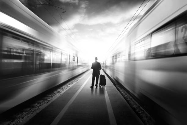 Railway track from right to left in black and white
