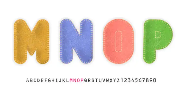 Vector illustration of Uppercase realistic letters M, N, O, P made of color felt fabric. For festive cute design.