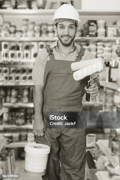 Master Standing With Rollers And Paint Stock Photo - Download Image Now - Adult, Adults Only, Appearance
