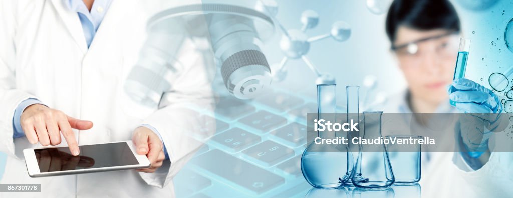 biomedical research concept scientists, chemical glassware and microscope in abstract background Chemical Stock Photo