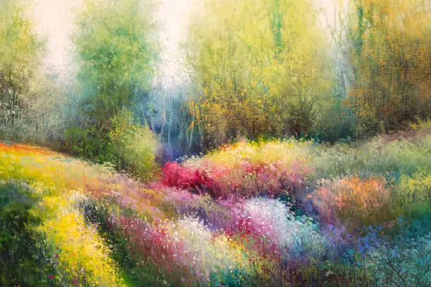 Photo of Oil Canvas Painting: Spring Meadow with Colorful Flowers and Tre