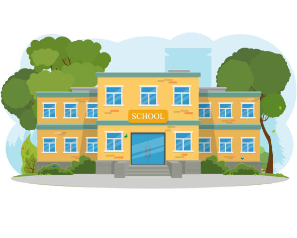 modern school building, the main entrance and front yard. modern school building, the main entrance and front yard. vector illustration. school building stock illustrations