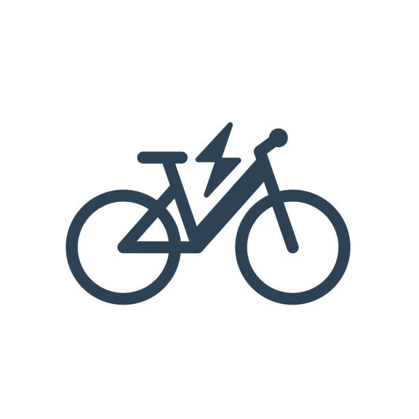 Isolated Electric City Bike Linear Vector Icon Isolated electric city bike symbol icon on white background. Trekking e-bike line silhouette with electricity flash lighting thunderbolt sign. bicycle symbols stock illustrations