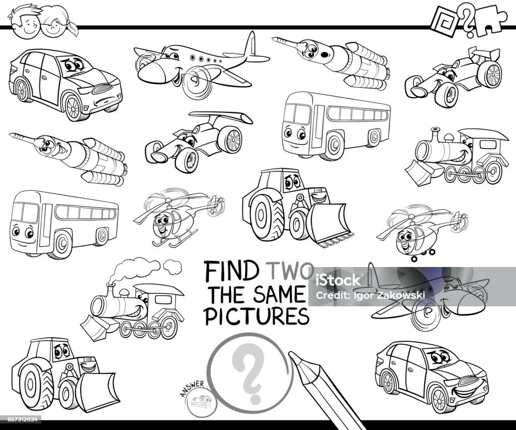 find two the same vehicles coloring book Black and White Cartoon Illustration of Finding Two Identical Pictures Educational Game for Children with Transport Vehicle Characters Coloring Book Coloring stock vector