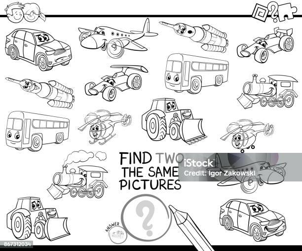 Find Two The Same Vehicles Coloring Book Stock Illustration - Download Image Now - Coloring, Accuracy, Black And White