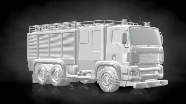 istock 3d rendering of a reflective fire fighter car on a dark black background 867312296
