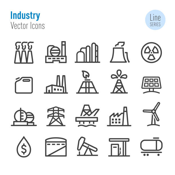 ilustraciones, imágenes clip art, dibujos animados e iconos de stock de iconos de la industria - vector línea serie - nuclear energy nuclear power station wind turbine energy
