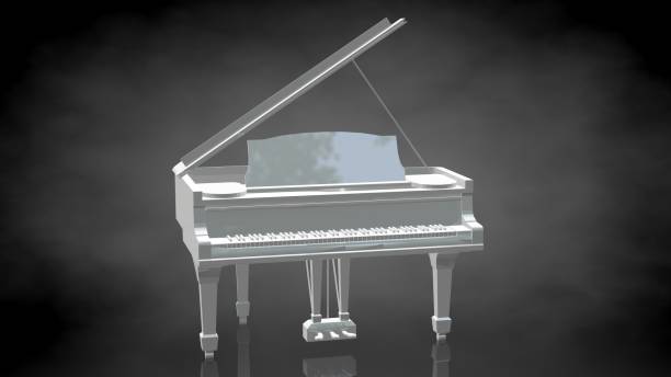 3d rendering of a reflective piano on a dark black background