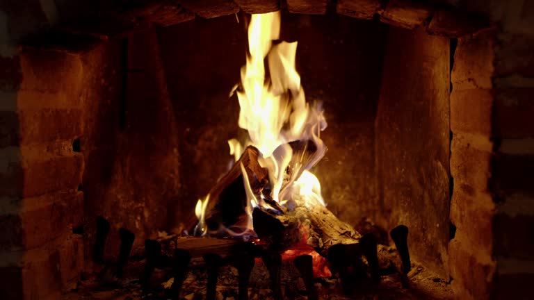 WS Video and audio of wood burning in the fireplace