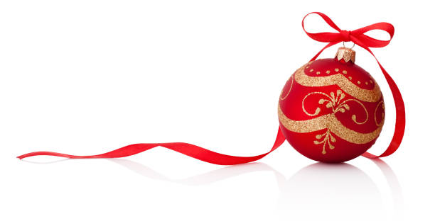 Red Christmas decoration bauble with ribbon bow isolated on white background