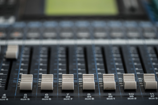 Analogic Sound Mixer. Professional audio mixing console radio and TV broadcasting.