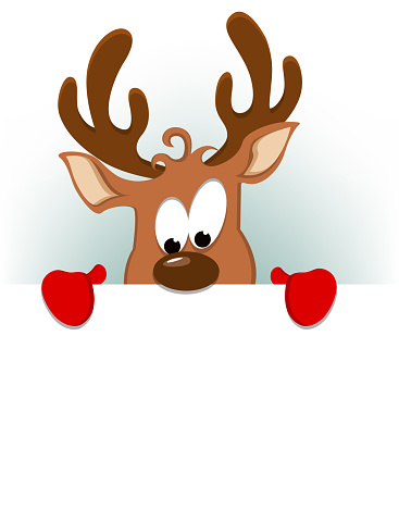 Merry Christmas greeting card with funny reindeer hiding behind blank placard. Vector illustration on white background