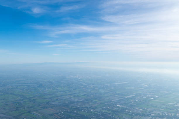 Blue sky with clouds Top view from the airplane window, Natural cloudscape for copy space.