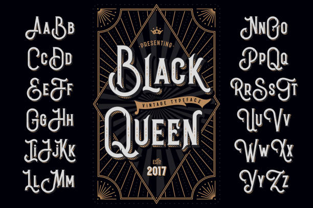 ilustraciones, imágenes clip art, dibujos animados e iconos de stock de tipografía decorativa denominada "black queen" con plantilla de líneas extrusión efecto y vintage etiqueta - gothic style