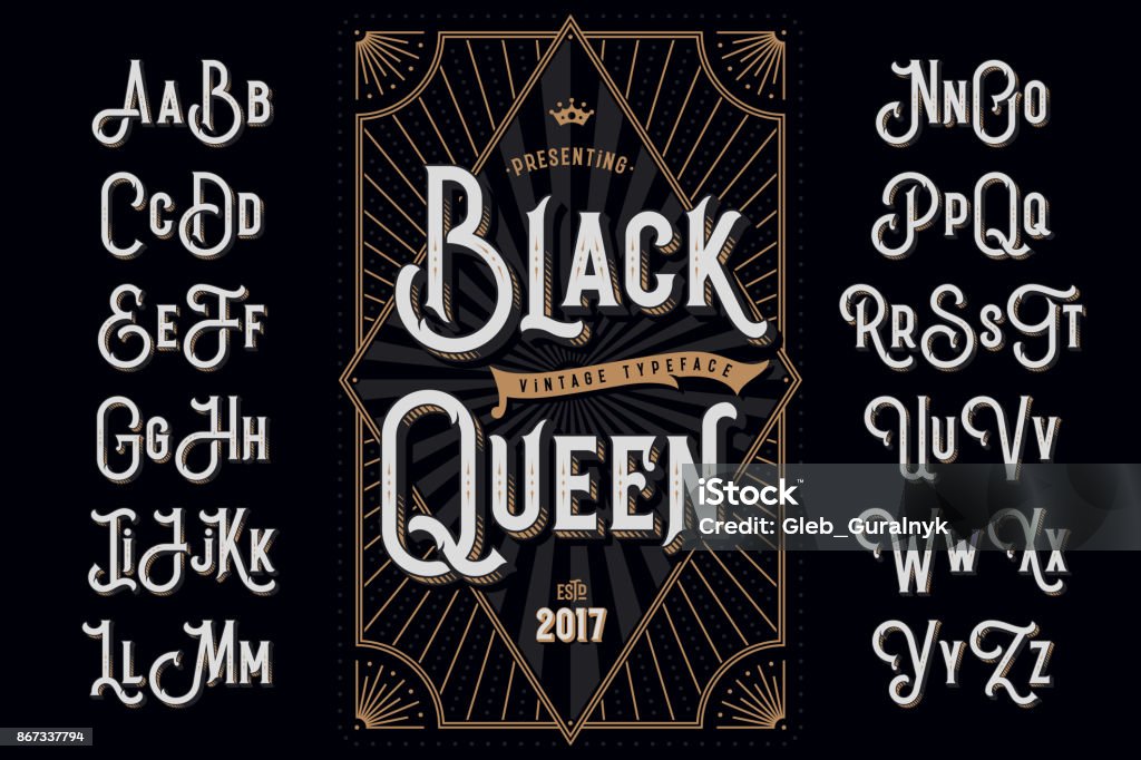 Decorative typeface named "Black Queen" with extruded lines effect and vintage label template Retro Style stock vector