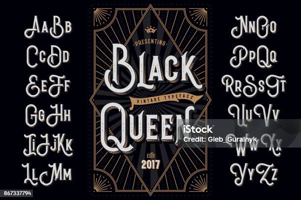 Decorative Typeface Named Black Queen With Extruded Lines Effect And Vintage Label Template Stock Illustration - Download Image Now