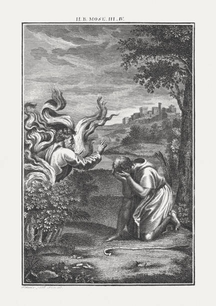 moses und der brennende dornbusch (exodus 3), veröffentlicht c. 1850 - god of fire stock-grafiken, -clipart, -cartoons und -symbole