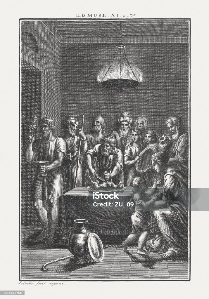 Institution of the Passover (Exodus 12), copperplate engraving, published c.1850 First Passover during the Deliverance of the Israelites from Egypt (Exodus 12). Copperplate engraving by Carl Schuler, published c. 1850. Passover stock illustration