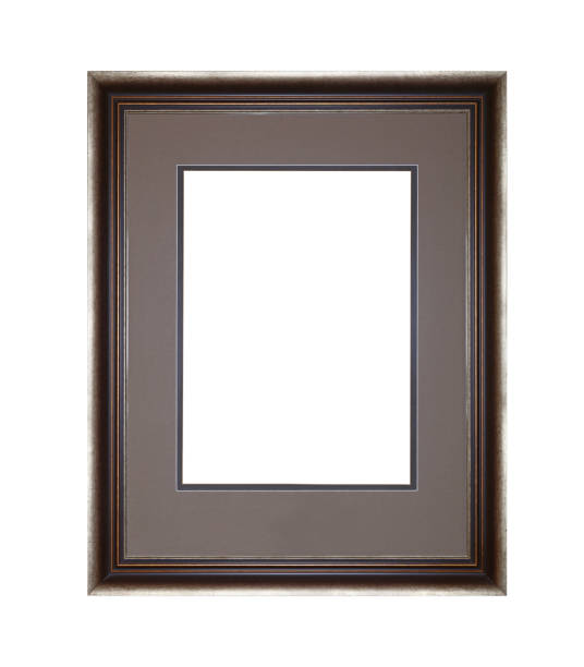 Silver picture or photo frame with cardboard mat Vintage old wooden classic brown and silver painted vertical rectangular frame with grey cardboard mat (passe partout mount) for picture or photo, isolated on white background, close up mat photos stock pictures, royalty-free photos & images