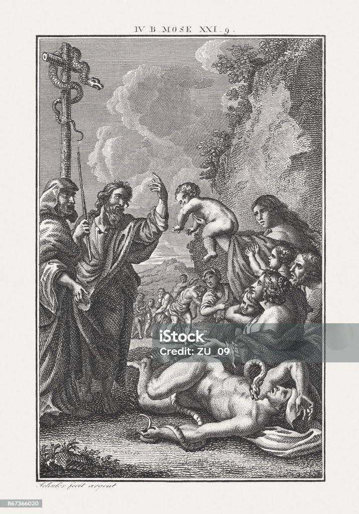Moses lift up a serpent of brass (Numbers 21, 9) And Moses made a serpent of brass, and put it upon a pole, and it came to pass, that if a serpent has bitten any man, when he beheld the serpent of brass, he lived (Numbers 21, 9). Copperplate engraving by Carl Schuler (1785-1852), published c. 1850. Adult stock illustration