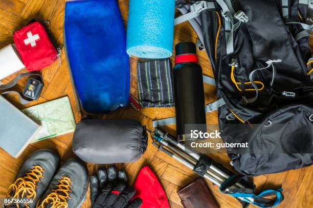 Equipment That Would Pack Out On The Trail Stock Photo - Download Image Now - Hiking, Equipment, Packing