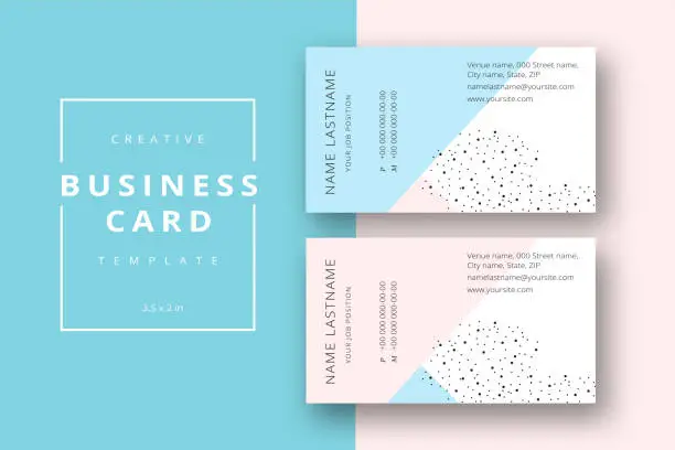 Vector illustration of Trendy minimal abstract business card template in pink and blue. Modern corporate stationary id layout with geometric lines. Vector fashion background design with information sample name text.