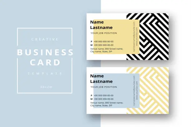 Vector illustration of Trendy minimal abstract business card template in black and gold. Modern corporate stationary id layout with geometric lines. Vector fashion background design with information sample name text.