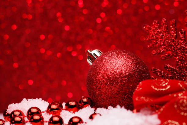 istock Christmas composition of Christmas tree toys on a red background 867372780