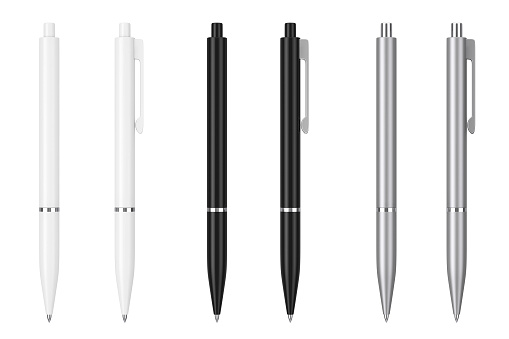 Blanco, negro y Metal maqueta bolígrafos con espacio en blanco de vuestro Logo o diseño. Render 3D photo
