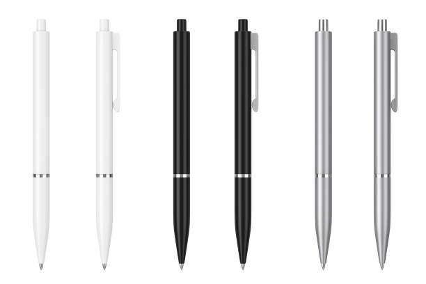 blanco, negro y metal maqueta bolígrafos con espacio en blanco de vuestro logo o diseño. render 3d - instrumento de escribir con tinta fotografías e imágenes de stock
