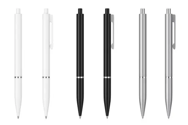 Photo of White, Black and Metal Mockup Ballpoint Pens with Blank Space for Yours Logo or Design. 3d Rendering