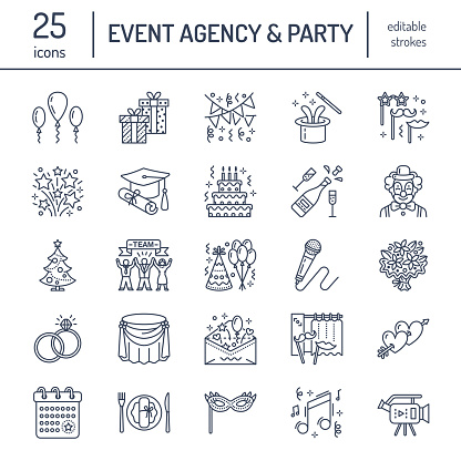 Event agency, wedding organization vector line icon. Party service - catering, birthday cake, balloon decoration, flower delivery, invitation, clown. Thin linear sign of entertainment, team building