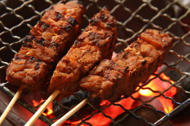 Sate Kere, the Popular Street Food of Tempeh Satay from Surakarta / Solo Sate Kere, the traditional tempeh satay from Surakarta / Solo. The sweet and savory tempeh is cut into cubes and thread with bamboo skewers. The satay is grilled on charcoal flame on traditional earthenware stove. central java province photos stock pictures, royalty-free photos & images