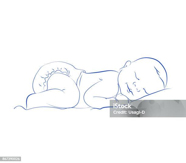 Lovely Newborn Sleeping Vector Cute Little Sleeping Child Contour Sketch Hand Drawn Stock Illustration - Download Image Now