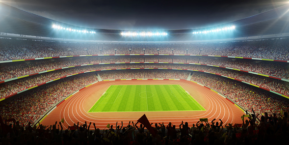 illuminated crowded soccer stadium with running track and fans cheering, 3D stadium, digitally generated image