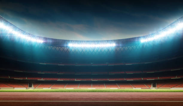 track and field stadium illuminated night soccer stadium with running track, 3D stadium, digitally generated image track and field stock pictures, royalty-free photos & images