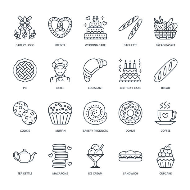 bäckerei, konditorei linie symbole. konditorei-produkte - kuchen, croissant, muffin, gebäck, kuchen, torte. essen dünne lineare zeichen - birthday cupcake pastry baking stock-grafiken, -clipart, -cartoons und -symbole