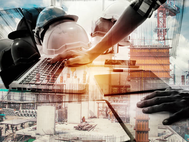 Double exposure architect working with laptop and blueprints in workplace for architectural plan,selective focus,Business concept