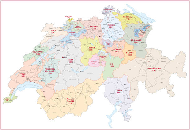 mapa administracyjna i polityczna szwajcarii - berne canton stock illustrations