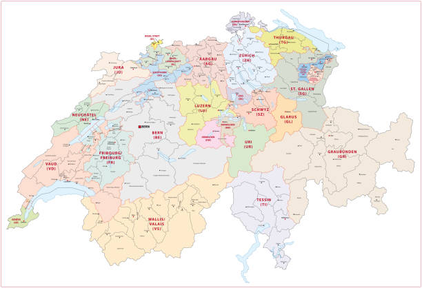 административн ая и политическая карта швейцарии - switzerland stock illustrations