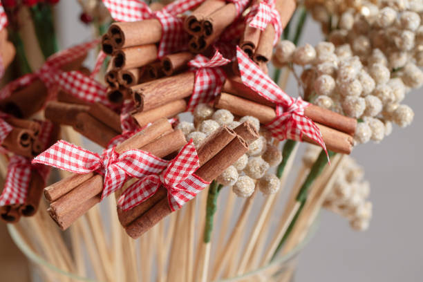 Cinnamon sticks. Traditional Christmas spices isolated on gray in air