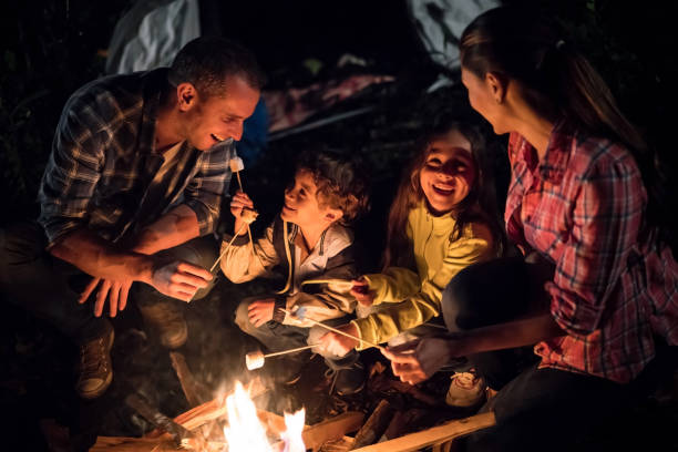 istock Family outdoors sitting by a bonfire eating marshmallows 867401836