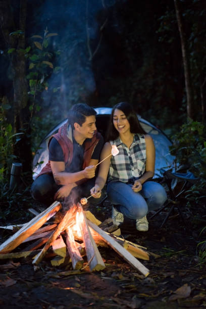istock Happy couple camping and melting marshmallows in a bonfire 867401888