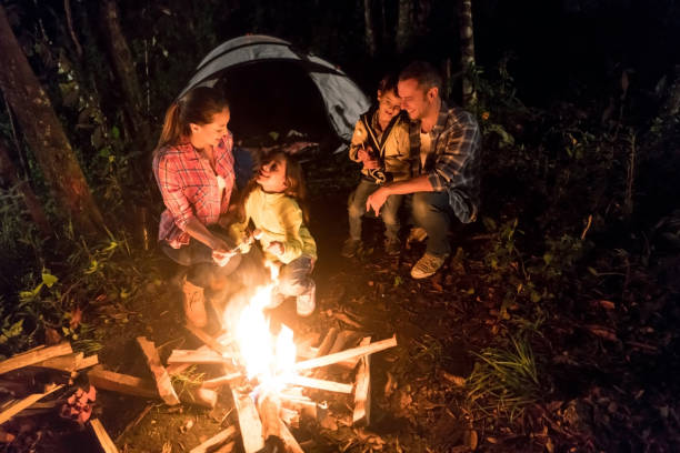 istock Happy family camping and having fun by a bonfire 867401988