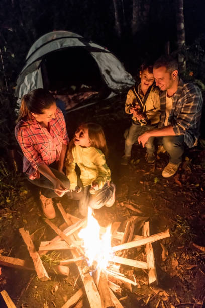 istock Family having fun camping and eating marshmallows at nighttime 867402052
